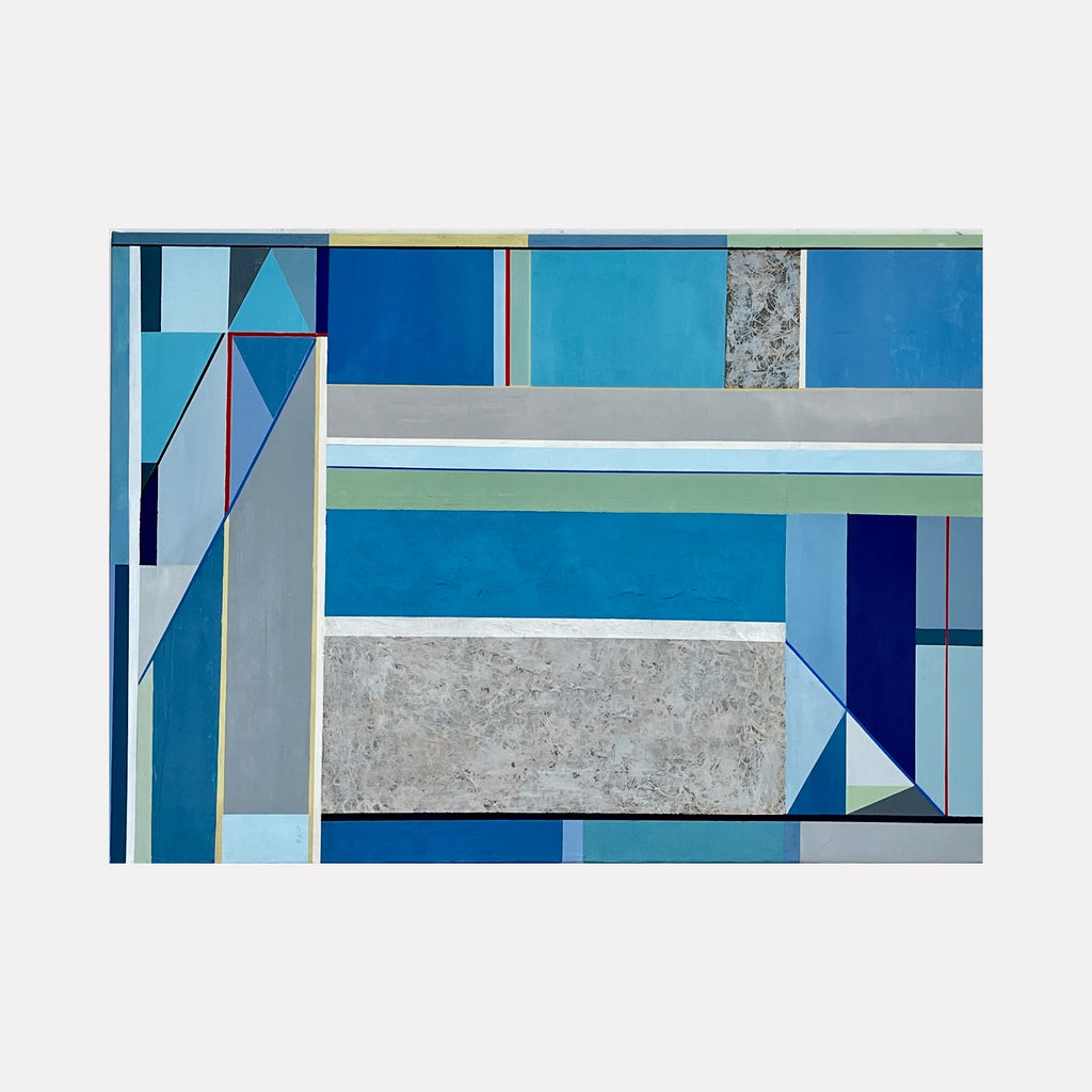 Linear Painting 4 by Benna Holden is a Curina art piece featuring a geometric abstract design with layered rectangles and triangles in varied shades of blue, gray, and subtle accents of green and red, creating a harmonious modern composition with clean lines and textured surfaces.