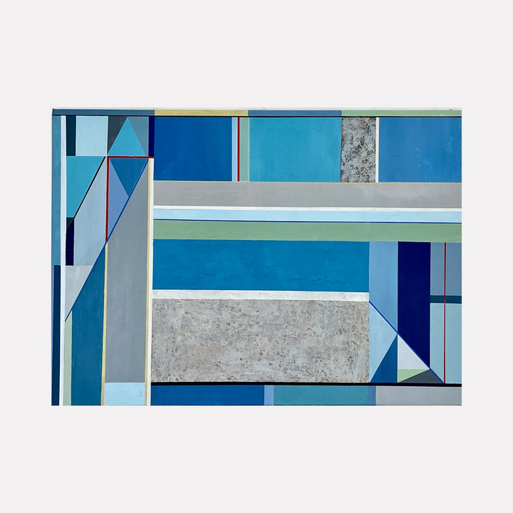 Linear Painting 4 by Benna Holden is a Curina art piece featuring a geometric abstract design with layered rectangles and triangles in varied shades of blue, gray, and subtle accents of green and red, creating a harmonious modern composition with clean lines and textured surfaces.
