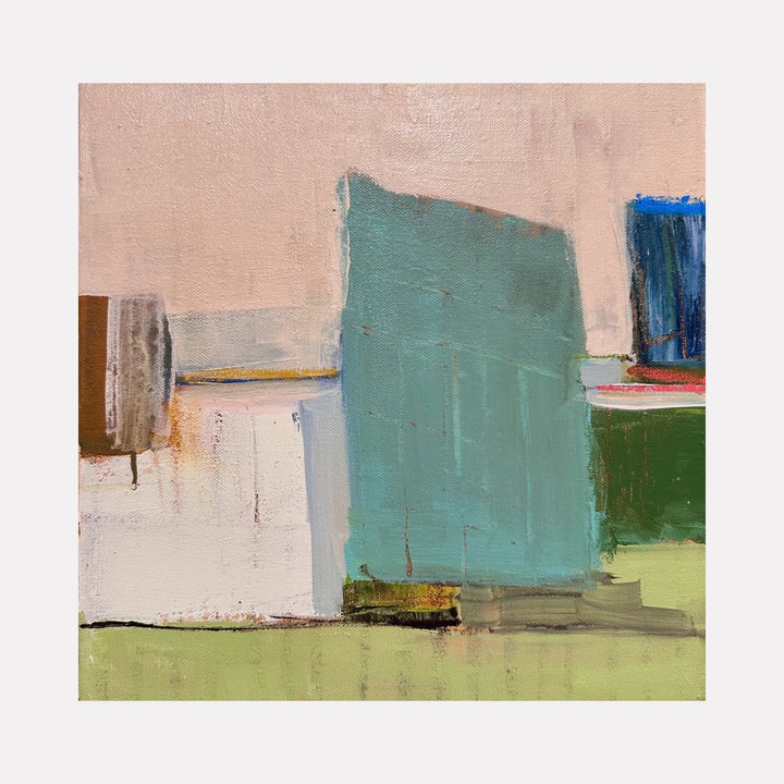 Between Memories by Leslie Thornton is a Curina art piece presenting an abstract composition with soft pastel pinks and greens, layered geometric shapes, and textured brushstrokes that evoke a subtle, contemplative atmosphere of quiet memories.