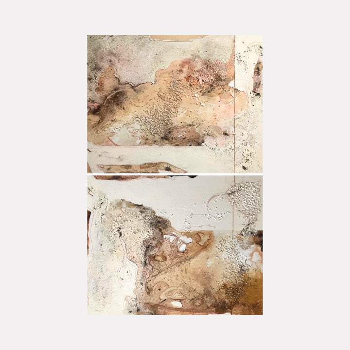 Body of Terrain #2 by Sinejan Kılıç Buchina presents an abstract Curina art piece with textured surfaces in warm earth tones, blending creamy beiges, soft browns, and muted grays that evoke weathered, organic landscapes with intricate natural patterns.