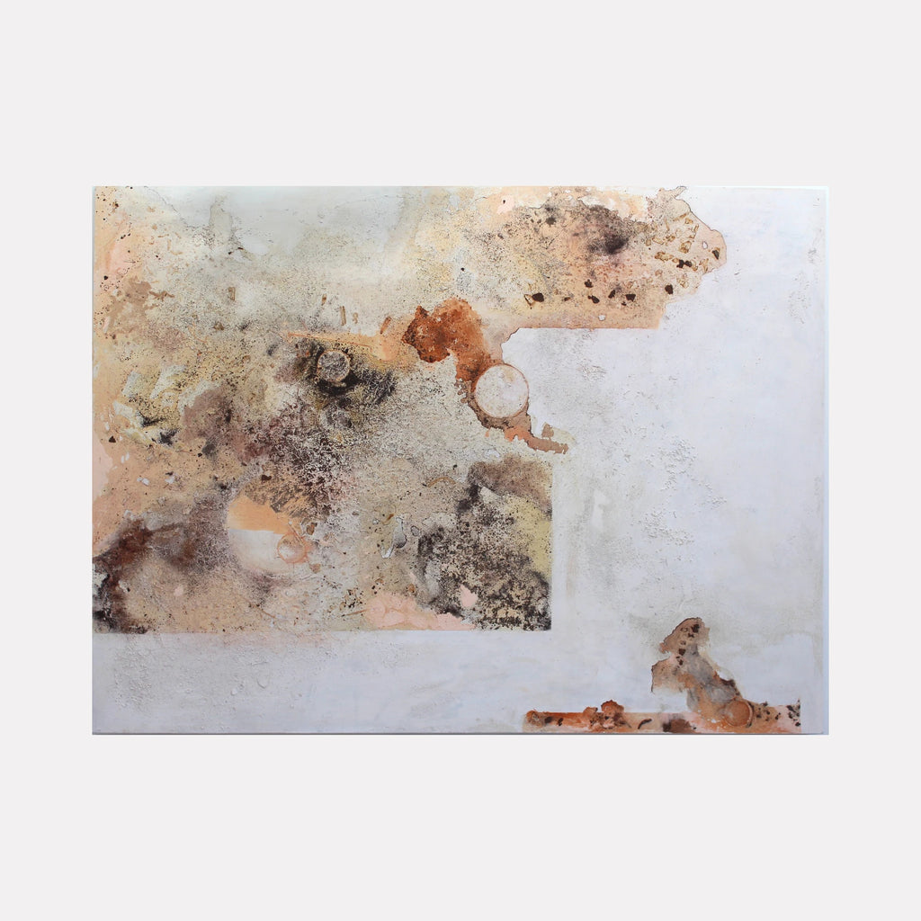 Body of Terrain #1 by Sinejan Kılıç Buchina is a Curina art piece featuring an abstract composition with earthy tones, textured layers, and organic shapes, blending soft beiges, browns, and muted grays to evoke a natural, weathered landscape effect.