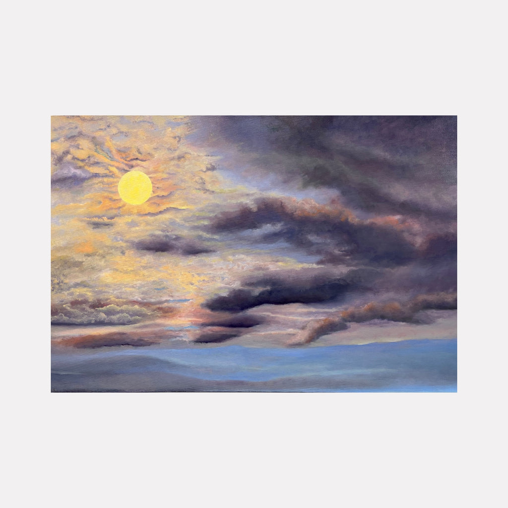 Breakthrough by Nadia Parsons portrays a luminous sun partially veiled by swirling clouds in shades of gold, gray, and blue, evoking a serene yet powerful sky scene that captures a moment of transformation and light within expressive, atmospheric art.