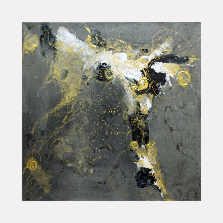 En Pointe by Carla Forrest presents an abstract composition with dynamic gold swirls and textured whites contrasting against deep grays and blacks, creating a sophisticated, energetic art piece with fluid movement and layered depth.