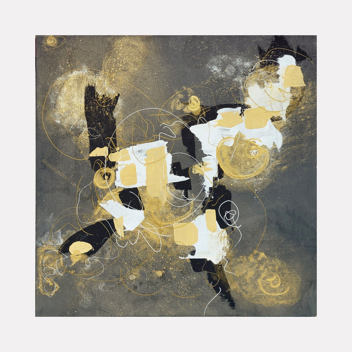 Tango by Carla Forrest features an abstract blend of swirling gold tones, contrasting white shapes, and deep black accents layered over a textured gray background, creating a lively and sophisticated contemporary art piece with dynamic movement and intricate detail.