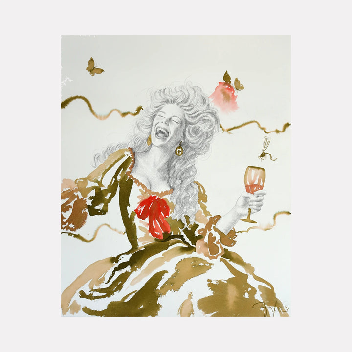 A Delightful Smile II by Carlos Gamez de Francisco is a Curina art piece depicting a lively woman in an elaborate brown and gold dress with a vivid red bow, laughing joyfully while holding a glass, surrounded by delicate butterflies and whimsical golden accents.