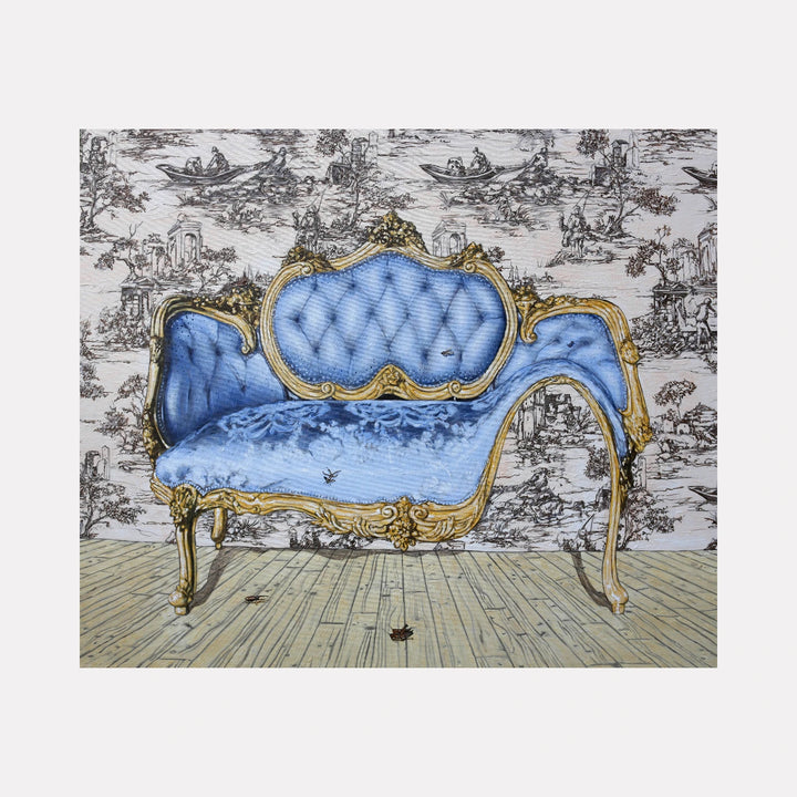 Blue Furniture by Carlos Gamez de Francisco is a Curina art piece depicting an ornate antique-style chair with plush blue upholstery and gold detailing, set against a detailed black-and-white toile wallpaper and wooden floor, blending classic elegance with contemporary artistic texture.