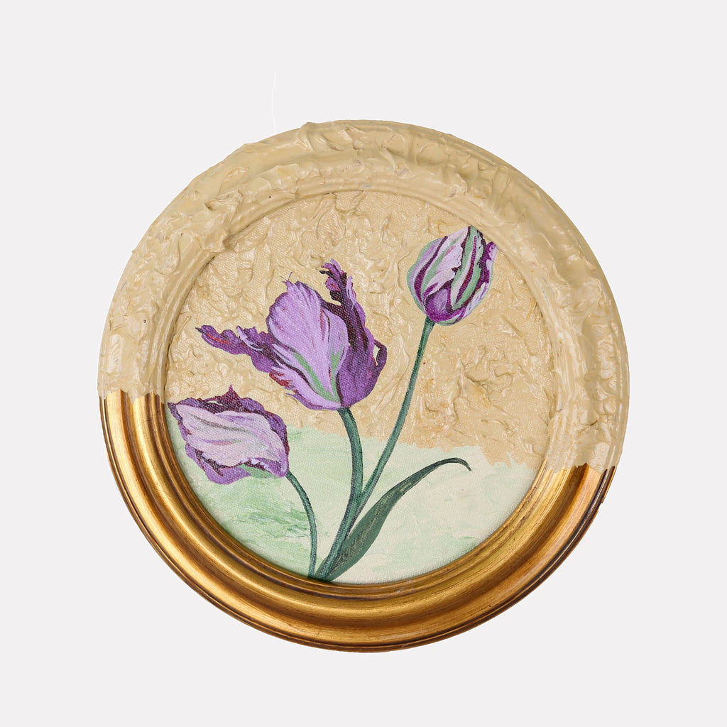 Breaking Boundaries III by Carlos Gamez de Francisco is a Curina art piece showcasing three purple tulips with green stems and leaves against a textured beige background, framed by a circular design partially accented in metallic gold.
