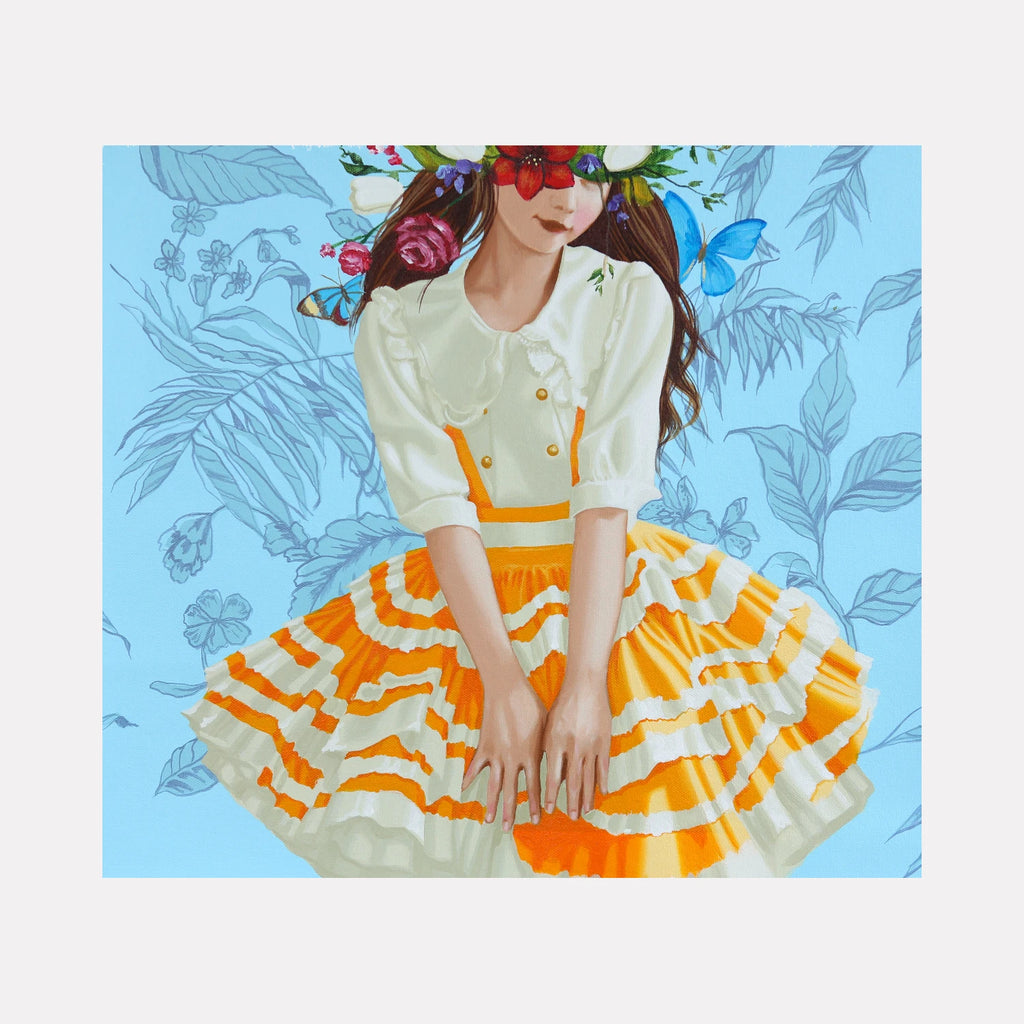 Dancing in the Garden by Carlos Gamez de Francisco is a Curina art piece depicting a woman in a vibrant yellow and white dress against a soft blue floral backdrop, blending realistic detail with whimsical floral elements for a bright, lively composition.