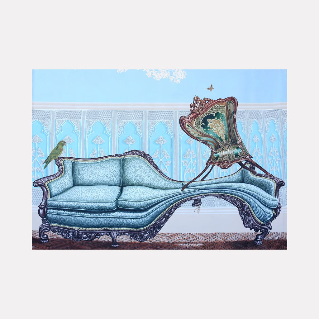 Evolution of Dance II by Carlos Gamez de Francisco is a Curina art piece depicting a vintage blue chaise lounge with ornate wooden details and an elegant gramophone horn extending from its frame, set against a pale blue patterned wall with a perched green bird and a small butterfly.