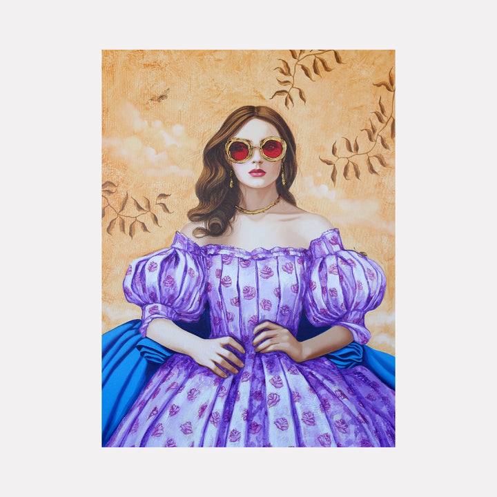 Fashion Essentials I by Carlos Gamez de Francisco is a Curina art piece portraying a poised woman in an ornate purple dress with puffed sleeves and floral patterns, wearing stylish red-tinted sunglasses against a warm, textured golden background with leafy accents.