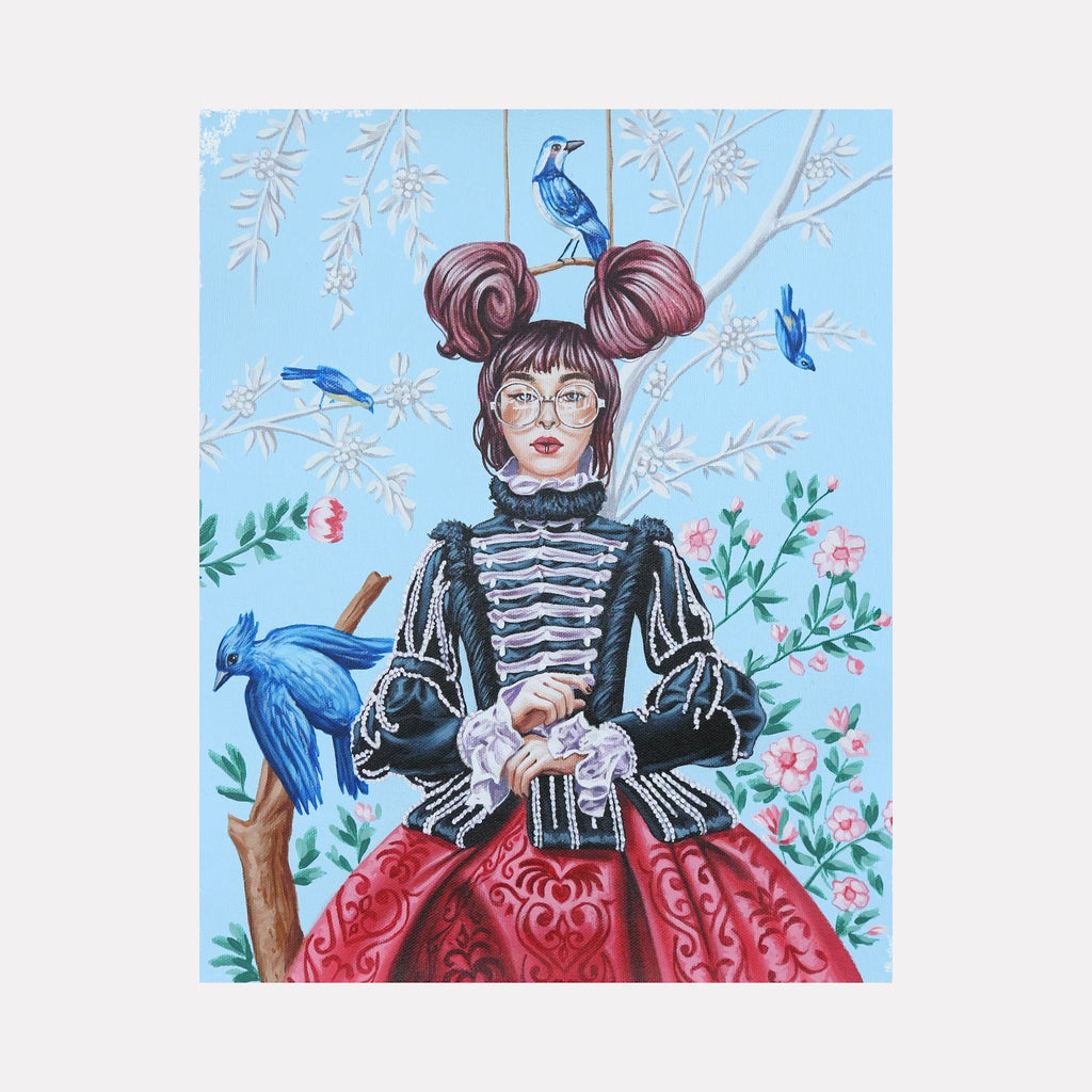 Four Blue Birds by Carlos Gamez de Francisco is a Curina art piece featuring a woman with styled auburn hair and round glasses dressed in an ornate black and red outfit, surrounded by vibrant blue birds perched on floral and leafy branches against a clear sky background.