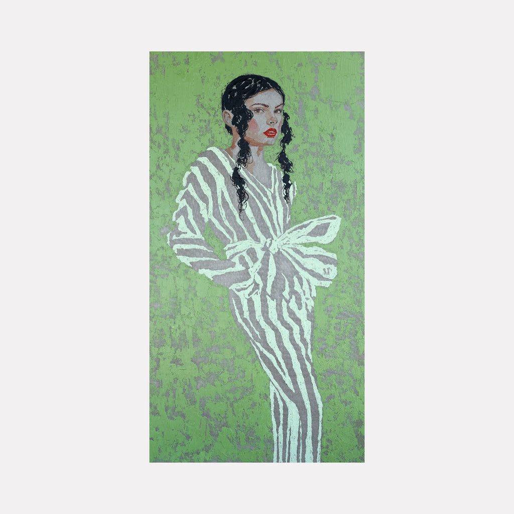 Green Fashion by Carlos Gamez de Francisco is a Curina art piece portraying a poised woman with dark braided hair wearing a striped outfit tied with a bow, set against a textured green background blending modern elegance with vibrant simplicity.