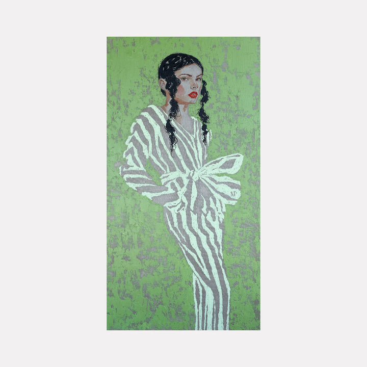Green Fashion by Carlos Gamez de Francisco is a Curina art piece portraying a poised woman with dark braided hair wearing a striped outfit tied with a bow, set against a textured green background blending modern elegance with vibrant simplicity.