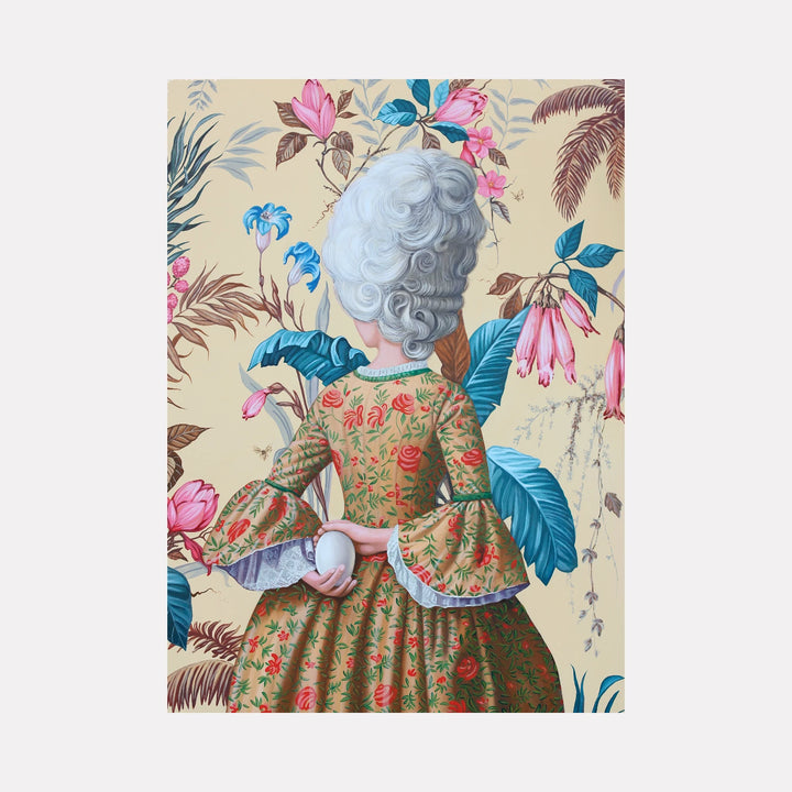 Homes & Gardens by Carlos Gamez de Francisco is a Curina art piece depicting a figure in an ornate 18th-century floral dress and white powdered wig, holding a white egg behind their back, set against a detailed botanical background with vibrant flowers and leaves.