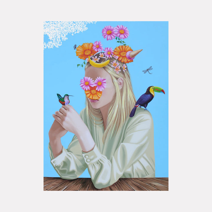 Hummingbird and Flowers by Carlos Gamez de Francisco is a Curina art piece depicting a woman with flowers replacing facial features, holding a hummingbird, a toucan perched on her shoulder, and a dragonfly in a vivid blue sky, blending surreal natural and human elements.