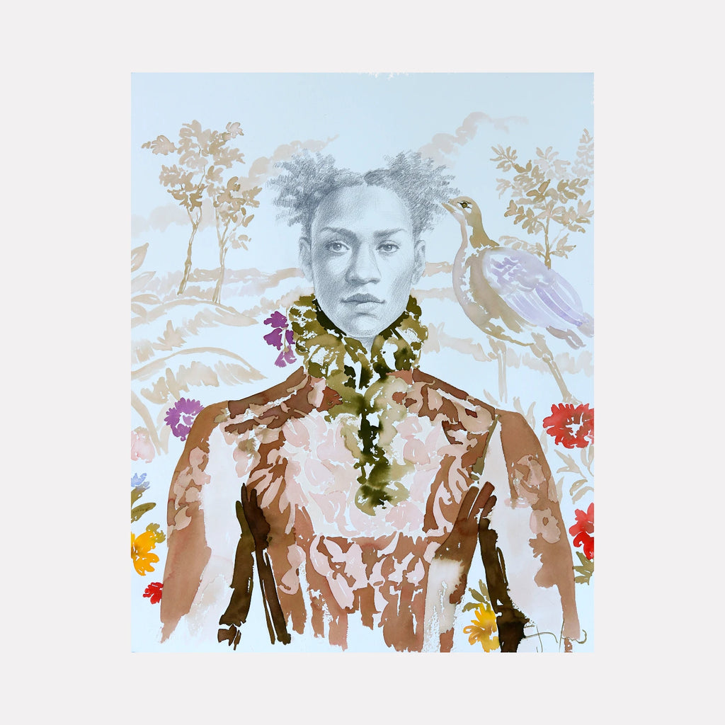 Renaissance Portrait by Carlos Gamez de Francisco is a Curina art piece portraying a contemplative figure with textured hair and a floral-patterned garment, set against a pastel background with delicate foliage and a bird, blending contemporary and classical artistic elements.