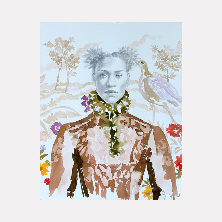 Renaissance Portrait by Carlos Gamez de Francisco is a Curina art piece portraying a contemplative figure with textured hair and a floral-patterned garment, set against a pastel background with delicate foliage and a bird, blending contemporary and classical artistic elements.