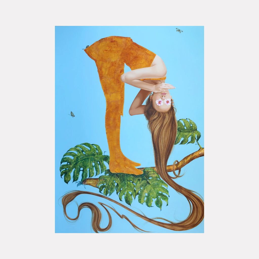 Standing Like a Tree by Carlos Gamez de Francisco is a Curina art piece featuring a surreal figure with long flowing hair intertwined with tropical green leaves against a bright blue background, blending delicate realism with imaginative, organic elements.