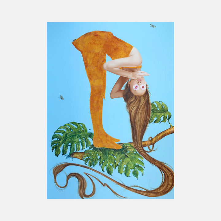 Standing Like a Tree by Carlos Gamez de Francisco is a Curina art piece featuring a surreal figure with long flowing hair intertwined with tropical green leaves against a bright blue background, blending delicate realism with imaginative, organic elements.