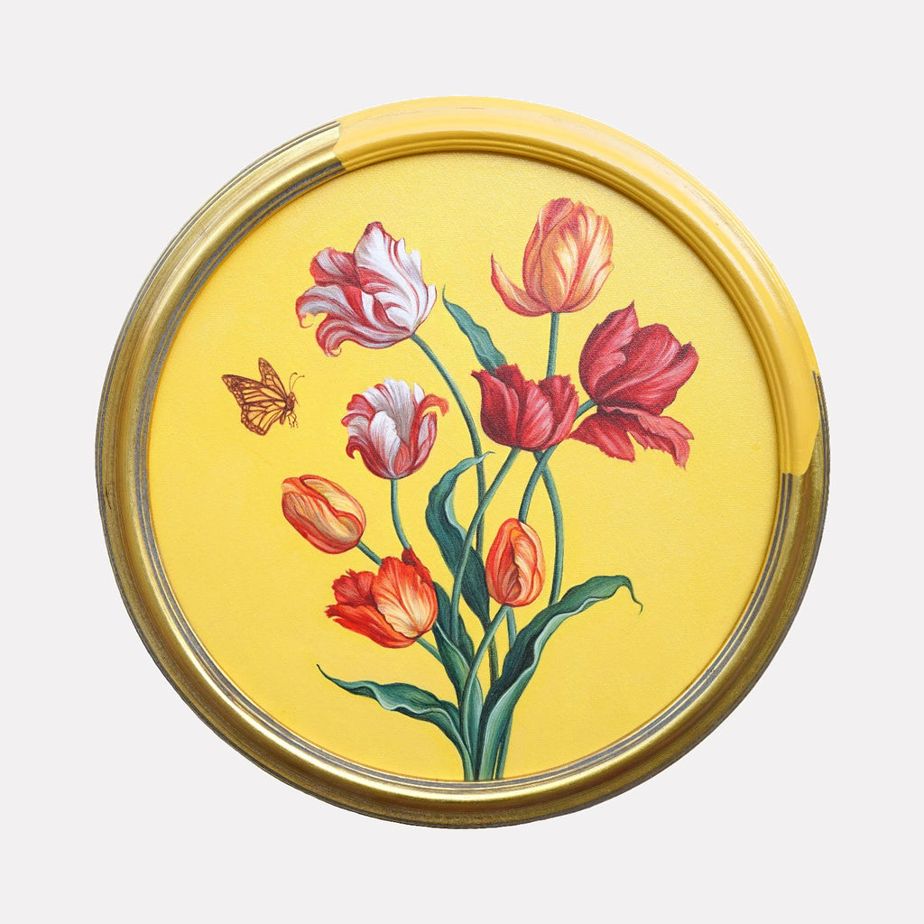 The Ornament After the Fall by Carlos Gamez de Francisco is a Curina art piece featuring a circular golden frame surrounding a vibrant bouquet of red, orange, and white tulips with a delicate butterfly against a bright yellow background, blending elegance with natural beauty.