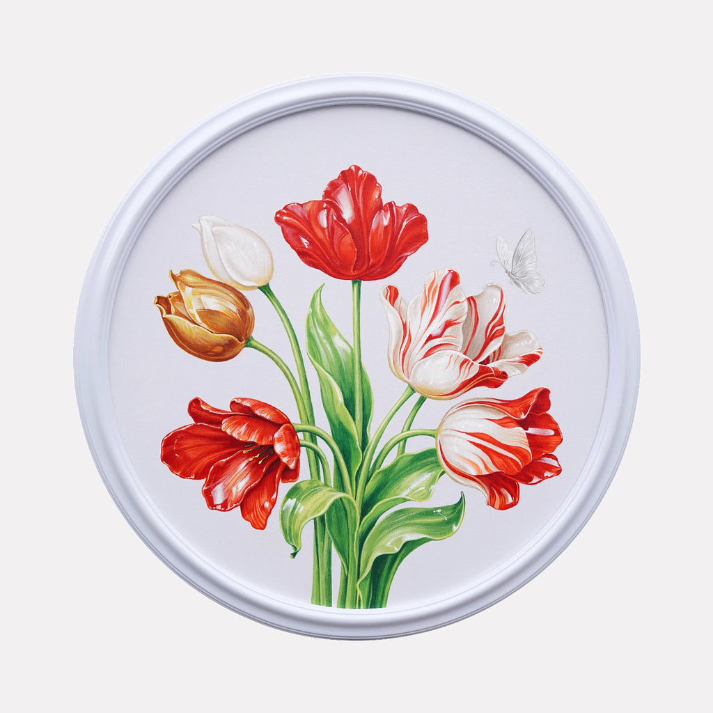 The Permanence of a Fleeting Gesture by Carlos Gamez de Francisco is a Curina art piece featuring a circular composition of realistically painted tulips in red, white, and gold hues, with lush green leaves and a delicate white butterfly against a soft pale background.