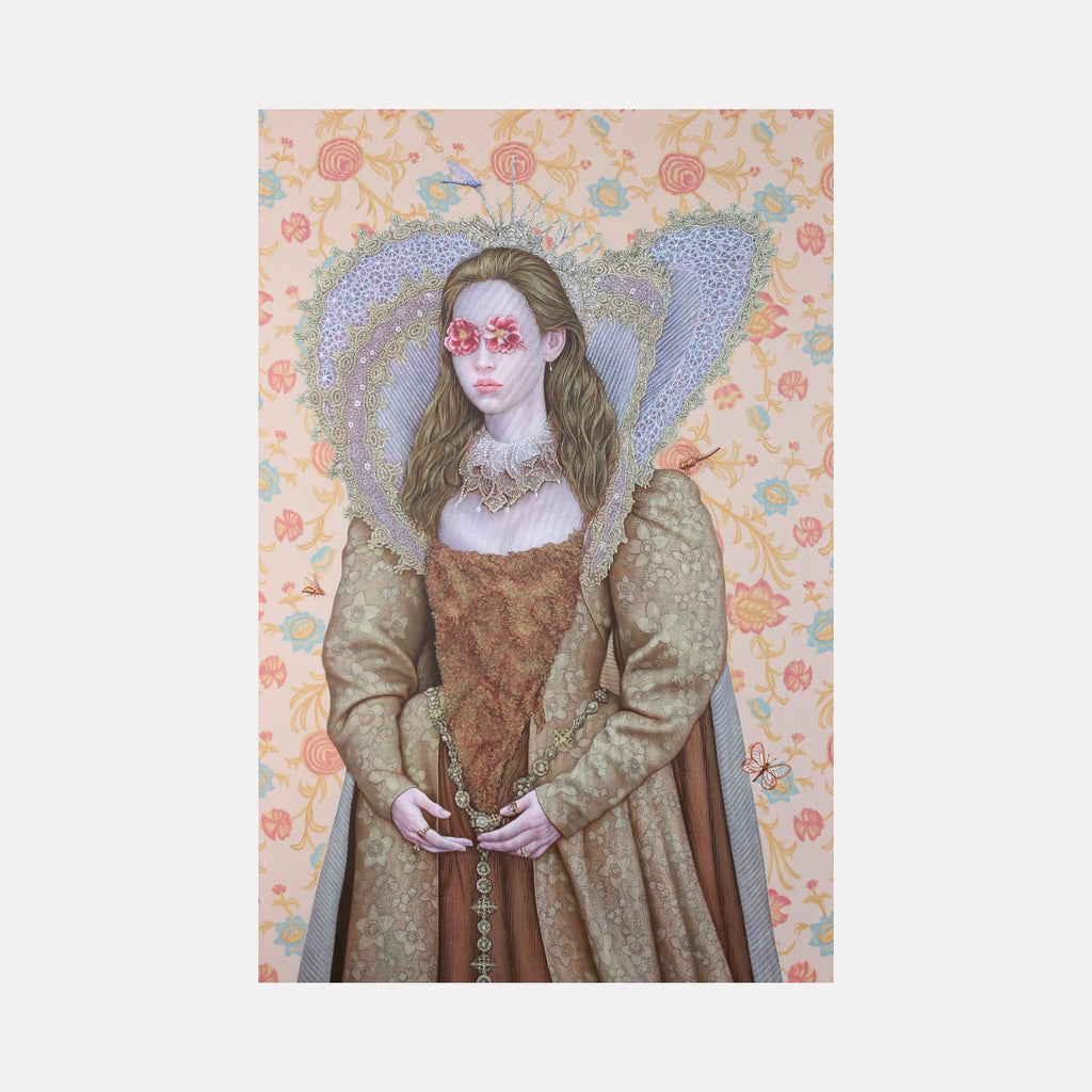 The Significance of Flowers by Carlos Gamez de Francisco is a Curina art piece portraying a pale woman in ornate Renaissance attire with elaborate lace collar, floral motifs on fabric, and flowers obscuring her eyes, set against a softly patterned floral background blending surrealism and historical elegance.