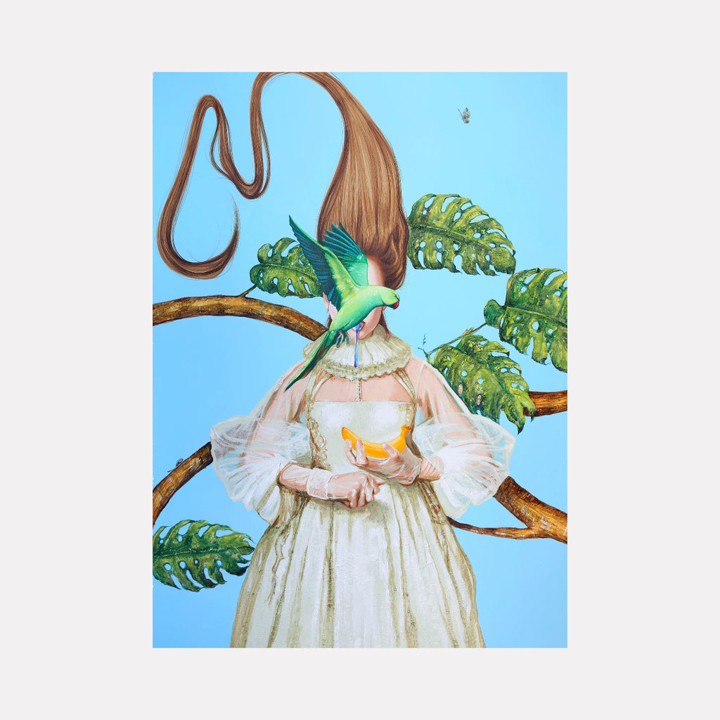Tropical Weather I by Carlos Gamez de Francisco is a Curina art piece depicting a surreal figure in a flowing cream dress with elongated hair, surrounded by large tropical leaves and a vibrant green bird, set against a bright blue background blending whimsical and natural elements.
