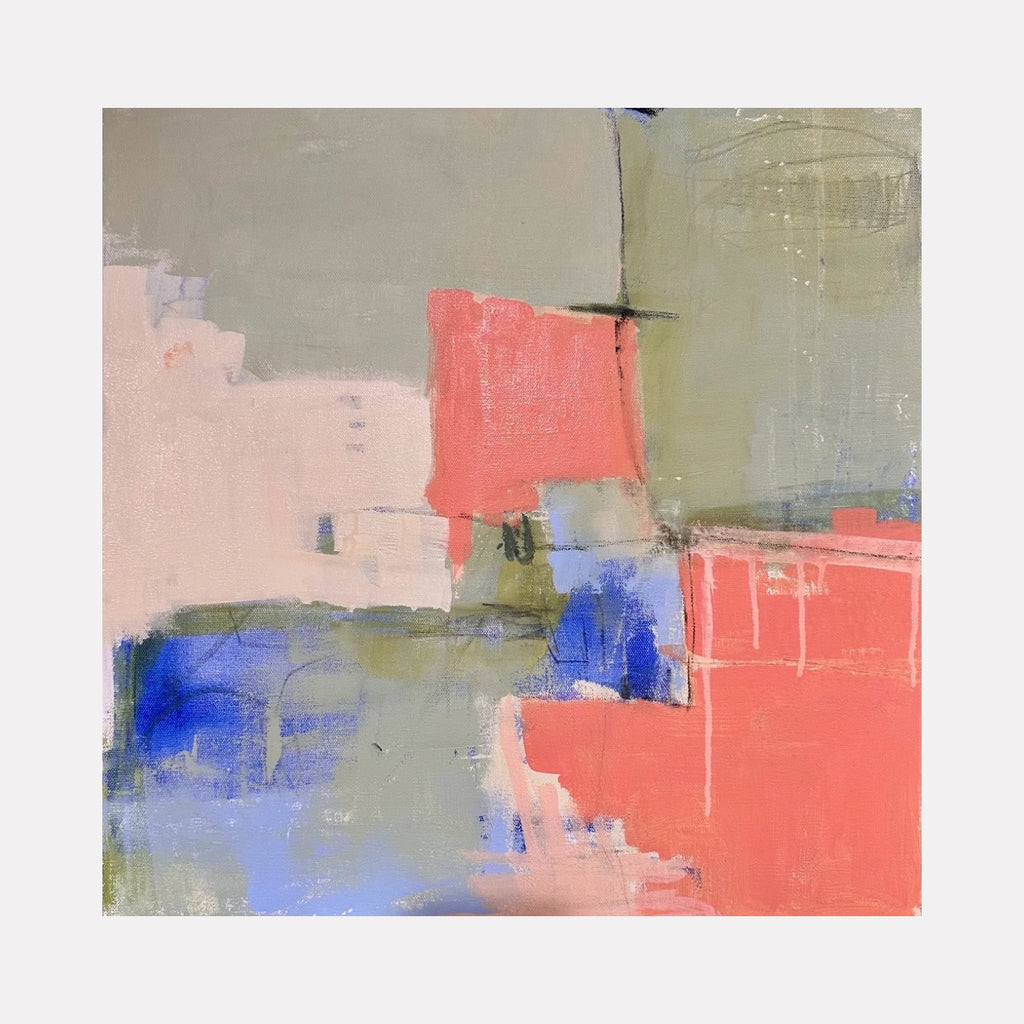 Cartography of Calm by Leslie Thornton is a Curina art piece with abstract blocks of muted green, coral, soft pink, and vibrant blue, layered with subtle textures and brushwork that evoke a harmonious and tranquil modern composition.