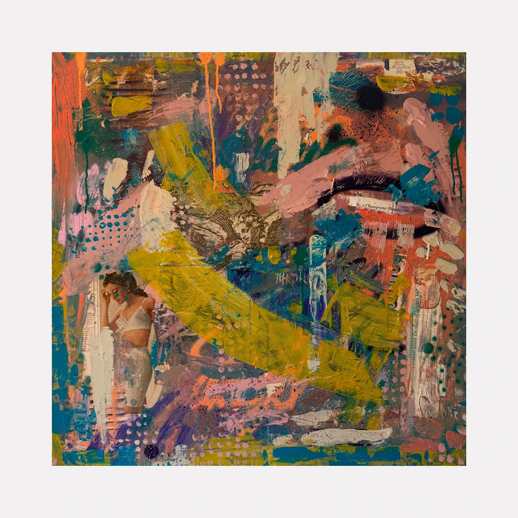 Champagne Blonde by Tiff Urquhart is a Curina art piece mixing vivid brushstrokes in mustard, teal, and coral with layered textures, abstract patterns, and subtle vintage imagery, creating a bold, textured composition full of dynamic color contrasts and urban-inspired energy.