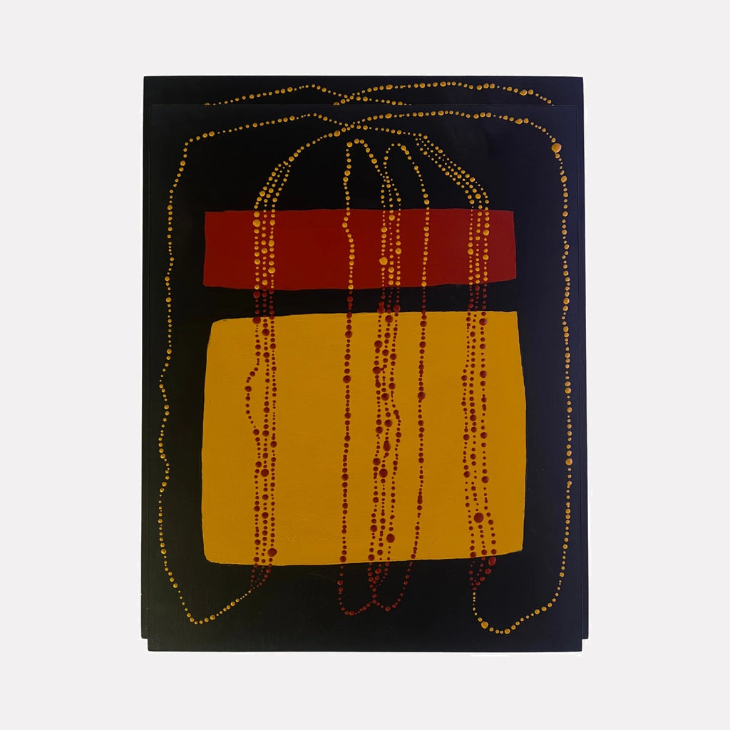 Altar by Sunny Chapman is a Curina art piece featuring bold blocks of deep red and ochre over a black background, accented by flowing dotted lines in warm tones, creating a harmonious and contemplative abstract design.