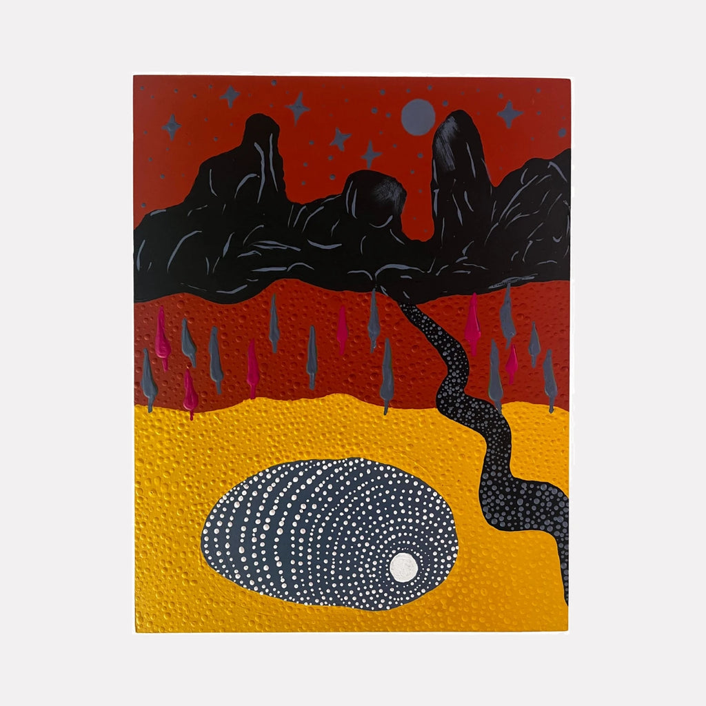 New World by Sunny Chapman is a Curina art piece featuring a textured abstract landscape with bold red and ochre fields, silhouetted black rock formations, and dotted white patterns under a starry sky, evoking a mysterious and contemplative atmosphere.