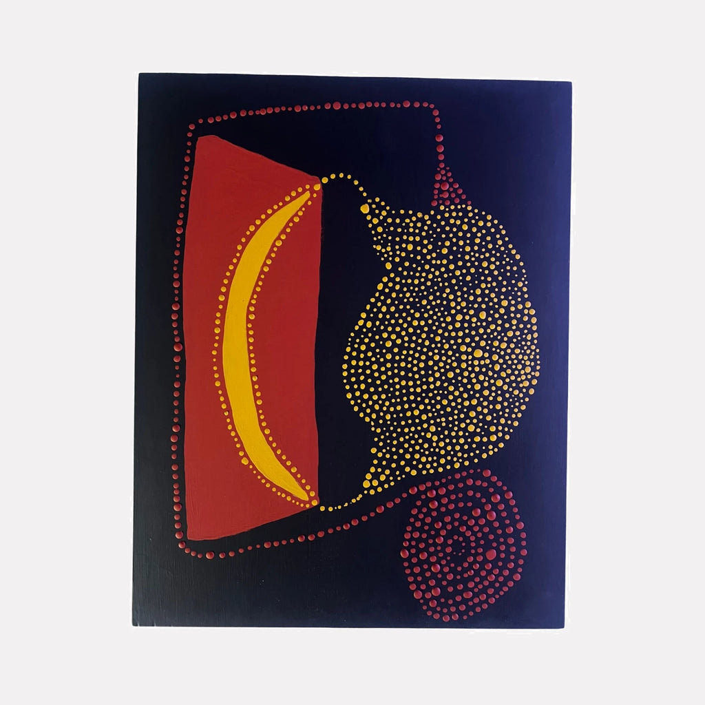 Portal by Sunny Chapman is a Curina art piece featuring an abstract composition with bold shapes in deep navy, vibrant red, bright yellow, and clusters of small dots arranged in organic forms, creating a striking, textured study of contrast and movement.