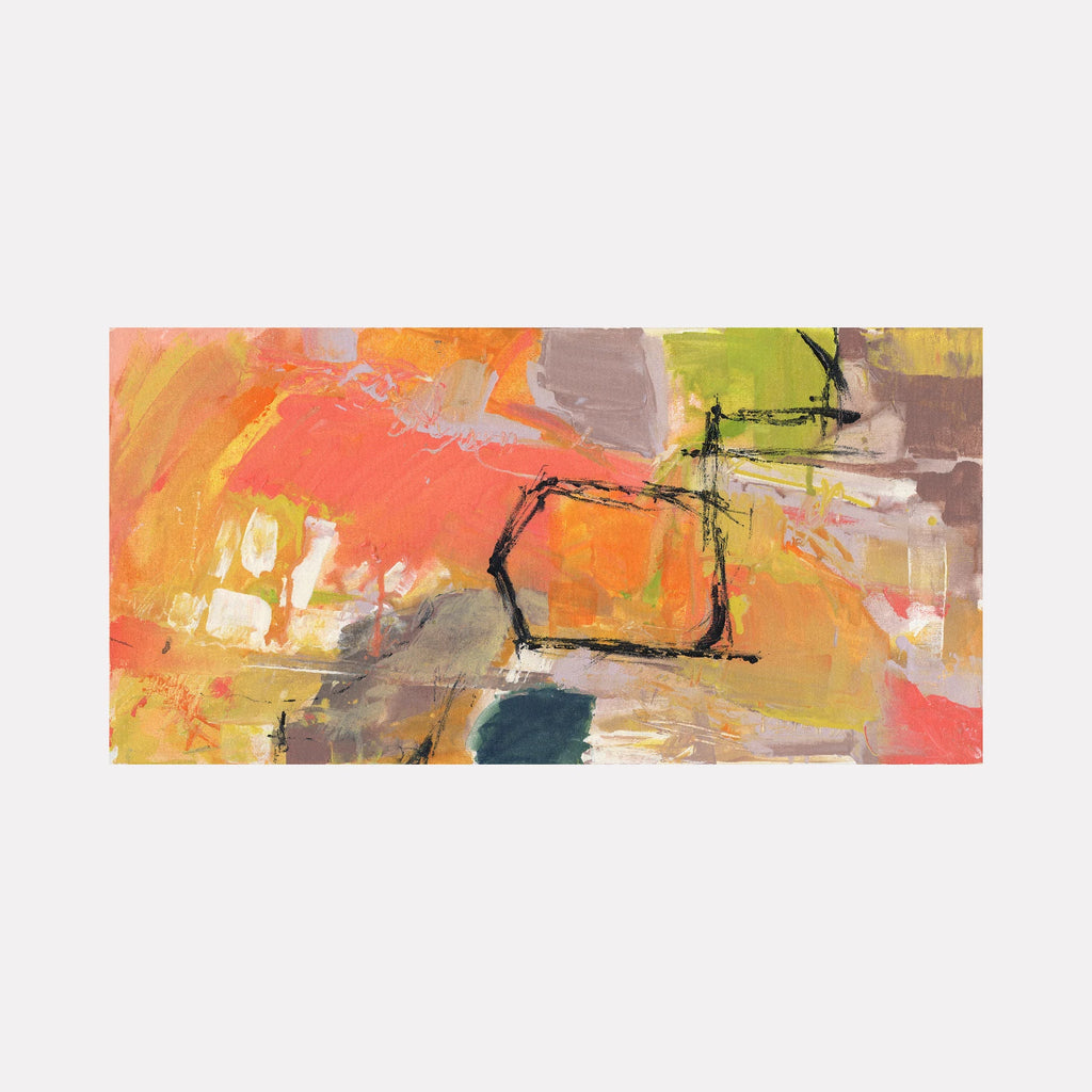 Combustion by Veronica Lawlor is a Curina art piece showcasing an energetic abstract composition with vibrant oranges, yellows, and muted neutrals, layered with dynamic brushstrokes and angular black lines that evoke a sense of fiery movement and creative intensity.