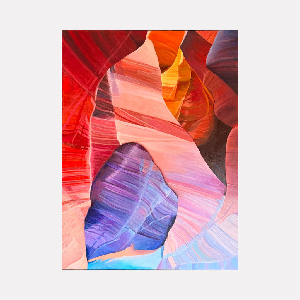 Antelope Canyon 10 by Connie Falk is a Curina art piece showcasing vibrant red, orange, purple, and blue layered rock formations with smooth, flowing lines that evoke the natural beauty and dynamic textures of the canyon in an expressive, colorful abstract style.
