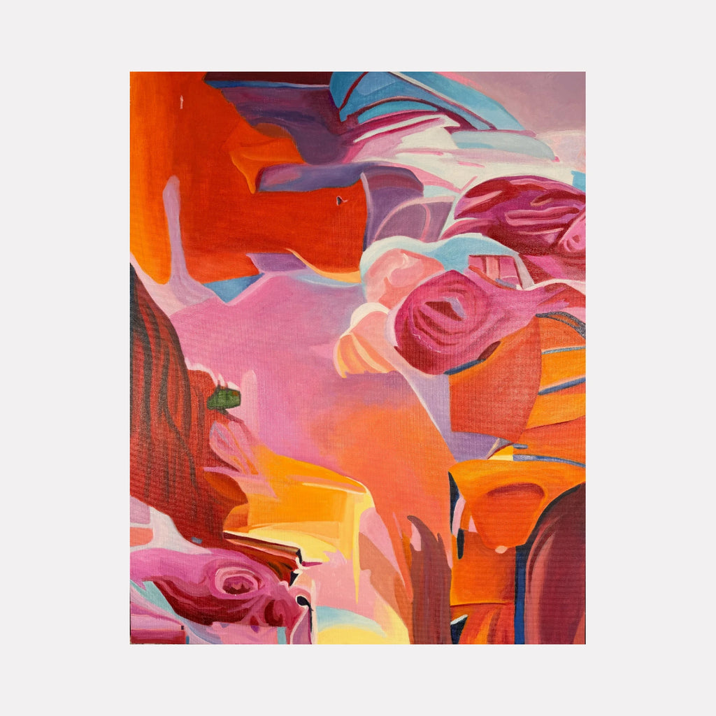 Blossoming by Connie Falk is a Curina art piece featuring swirling shapes and layered forms in warm oranges, reds, pinks, and soft blues, creating an energetic, abstract composition that evokes growth and vibrant movement through textured brushstrokes.