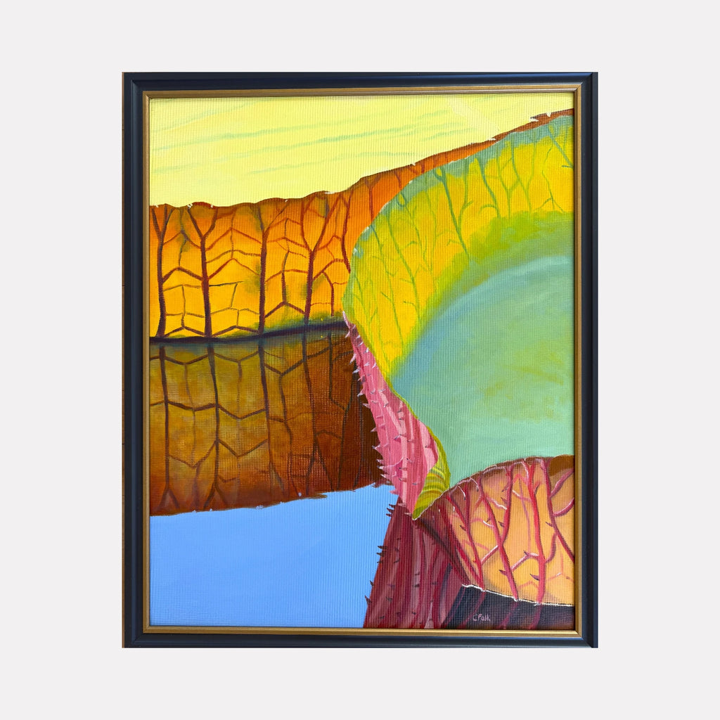 Victoria Amazonica by Connie Falk is a Curina art piece showcasing a close-up view of vibrant, textured leaves with bold veins in yellow and green tones, set against a reflective surface with warm, earthy hues and subtle light variations, evoking a serene natural scene.