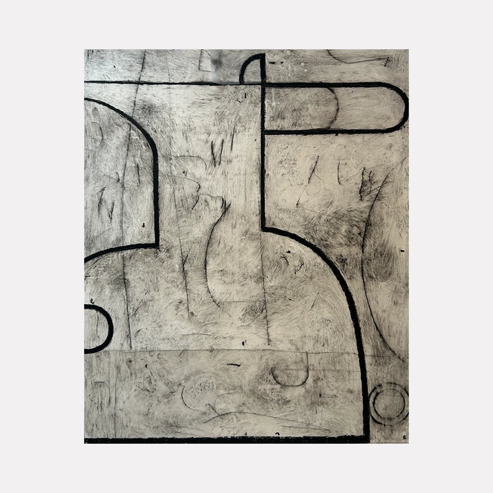 Ewer No. 1 by Janice La Motta is a Curina art piece featuring an abstract composition with bold black lines and textured gray tones, evoking the silhouette of a vessel with a minimalist and contemplative aesthetic.