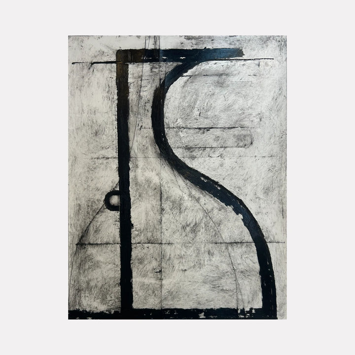 Ewer No. 3 by Janice La Motta is a Curina art piece featuring bold black lines forming an abstract vessel silhouette against textured gray and off-white shades, creating a minimalist and contemplative composition with a strong graphic presence.
