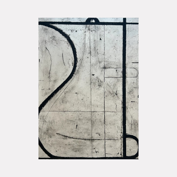 Ewer No. 2 by Janice La Motta is a Curina art piece featuring bold black linear shapes and contours forming an abstract vessel silhouette over a textured gray background, evoking minimalist form and contemplative spatial depth.