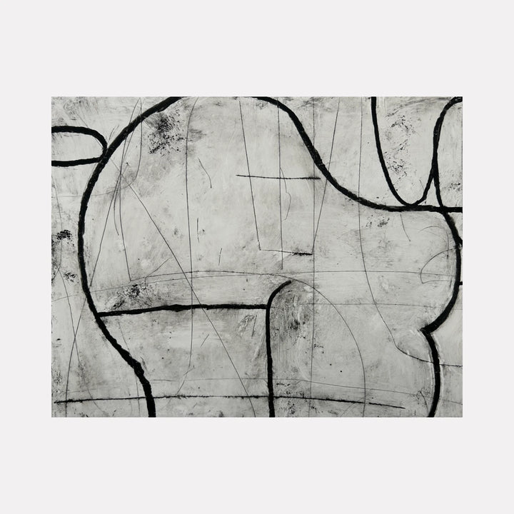 Form Study No. 2 by Janice La Motta is a Curina art piece featuring sweeping black lines creating abstract curved forms on a textured gray and off-white background, evoking a minimalist, meditative exploration of shape and space.