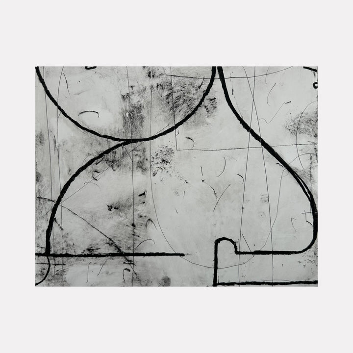 Form Study No. 3 by Janice La Motta is a Curina art piece featuring bold black contours outlining abstract curved forms over a textured gray background, conveying a minimalist and contemplative exploration of shape, line, and spatial balance.