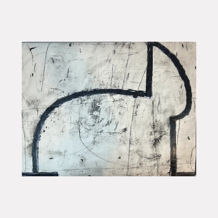 Hare by Janice La Motta is a Curina art piece featuring bold, textured black lines forming an abstract silhouette against a muted gray and off-white background, evoking a minimalist and contemplative exploration of form and space.