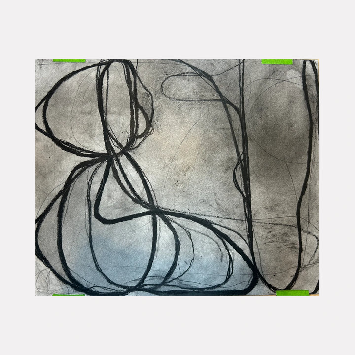 Loopy Series No. 6 by Janice La Motta is a Curina art piece featuring delicate black looping lines forming abstract, flowing shapes on a textured gray background, evoking a subtle, elegant interplay of movement and space.