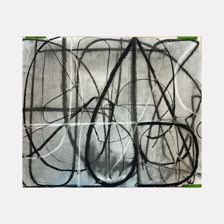 Loopy Series No. 1 by Janice La Motta is a Curina art piece with overlapping black and white loops and lines creating an intricate abstract design over a textured gray background, evoking dynamic motion and contemplative depth.