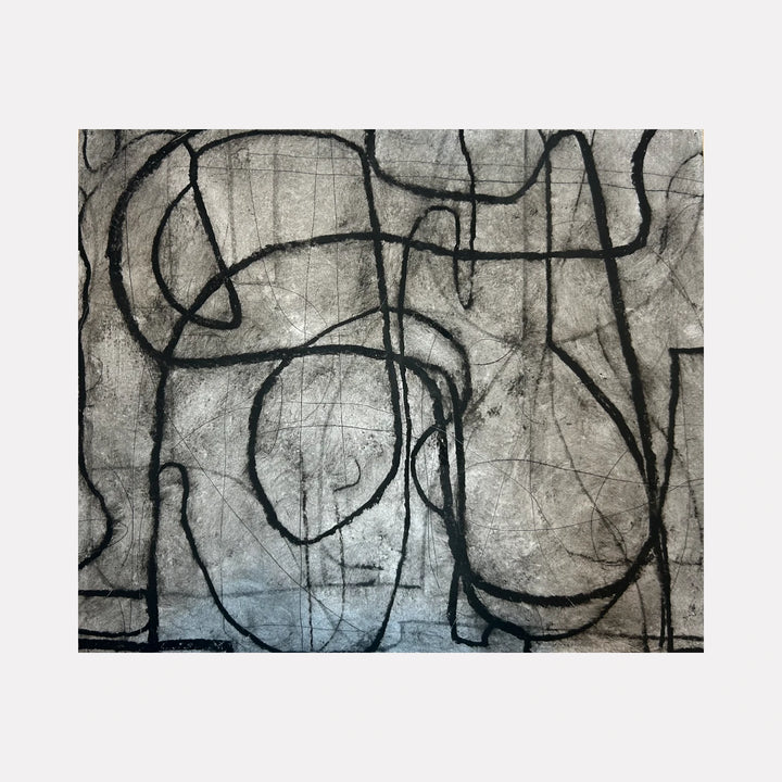 Loopy Series No. 21 by Janice La Motta is a Curina art piece featuring bold black lines intersecting and looping over a muted gray background, creating an abstract composition with textured depth and a contemplative sense of fluid form and spatial complexity.