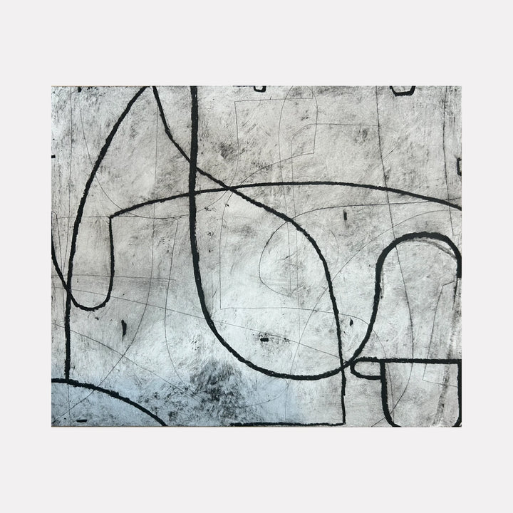 Loopy Series No. 25 by Janice La Motta is a Curina art piece showcasing bold black loops and intersecting lines over a textured gray background, crafting an abstract, contemplative interplay of shape and spatial nuance with subtle tonal depth.