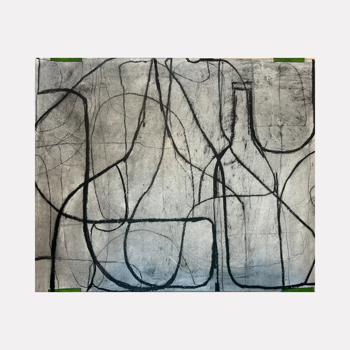 Loopy Series No. 4 by Janice La Motta is a Curina art piece featuring interwoven black lines forming abstract bottle and vessel shapes on a textured gray background, conveying a minimalist and thoughtful exploration of form and spatial relationships.