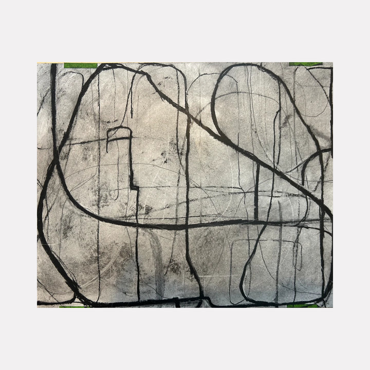 Loopy Series No. 5 by Janice La Motta is a Curina art piece featuring delicate black linework that weaves abstract, looping shapes over a softly textured gray background with subtle hints of green, creating an understated and fluid exploration of space and form.