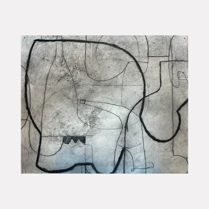 Loopy Series No. 13 by Janice La Motta is a Curina art piece featuring graceful black lines weaving through textured gray tones, forming an abstract composition that invites a meditative and nuanced exploration of shape, space, and subtle movement.