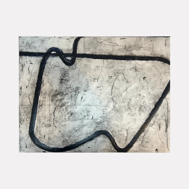 Pull by Janice La Motta is a Curina art piece featuring a bold, irregular black line tracing an asymmetrical path across a textured gray and white background, evoking a raw, abstract exploration of form and layered spatial tension.